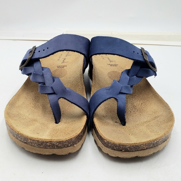 Mila Paoli Women 9.5 Cork Wedge Leather Sandals Blue Toe Wrap Braid Buckle Strap - Picture 2 of 11